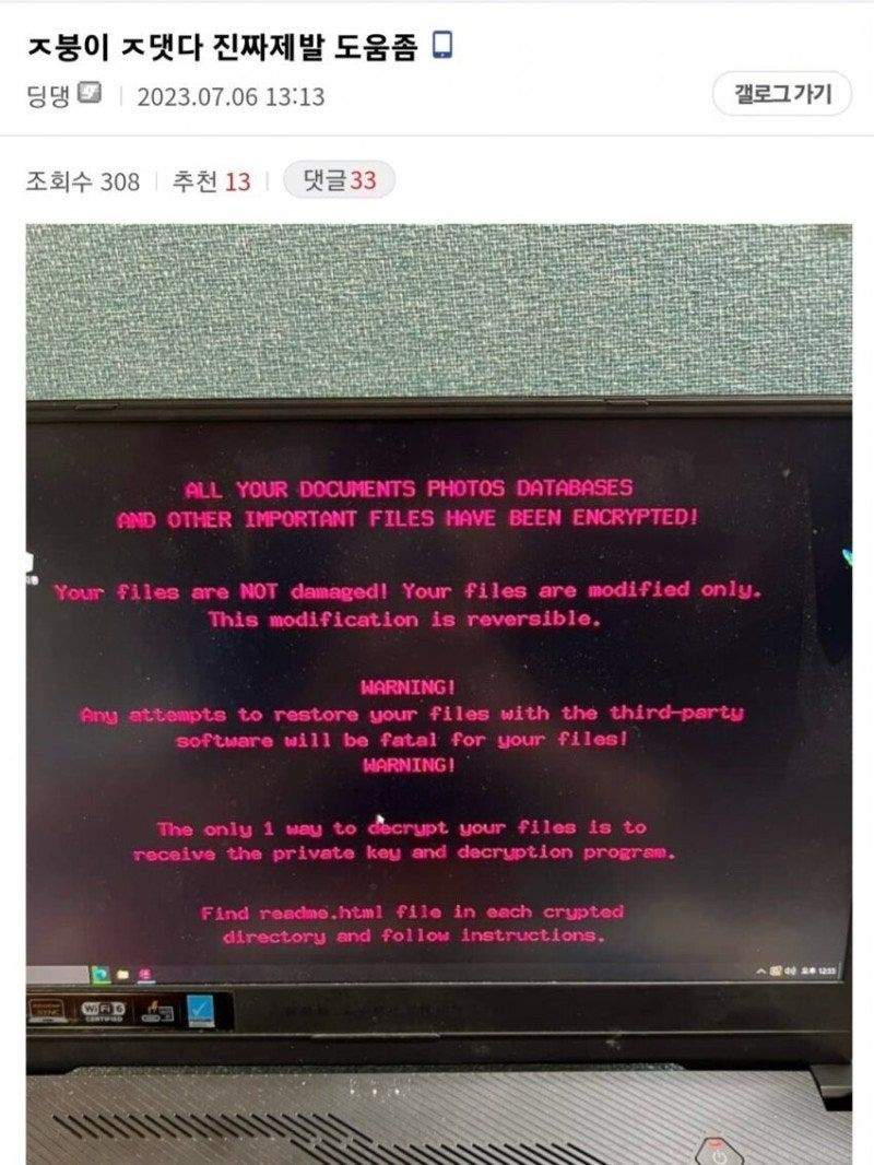 랜섬웨어걸린 중소갤붕이